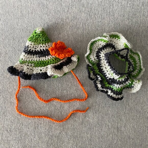 Handmade Crochet Halloween Green Orange Witch Outfit for 17cm Doll 2-Piece Set - Picture 7 of 7
